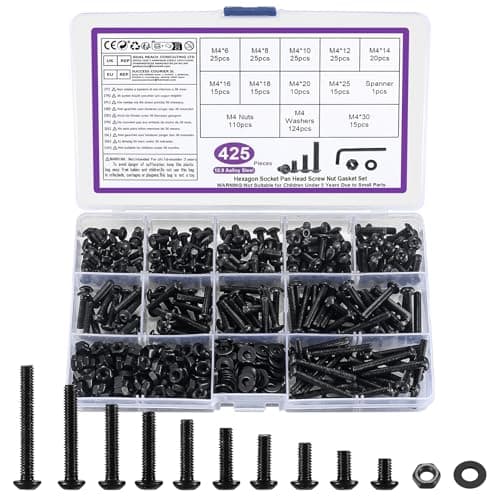 Image of 425 Pcs M4 Bolts and Nuts Set, M4 Nuts and Bolts Set, Round Head Hexagon Socket Screws and Washers, Black Hex Socket Button Head Cap Machine Screws Kit