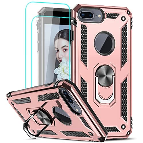 Image of LeYi for iPhone 8 Plus/7 Plus Case, iPhone 6s Plus/6 Plus Case and 2 Tempered Glass Screen Protector, Ring Holder Shockproof Protective Hard Armor Phone Cover for iPhone 8/7/6/6s Plus Rose Gold