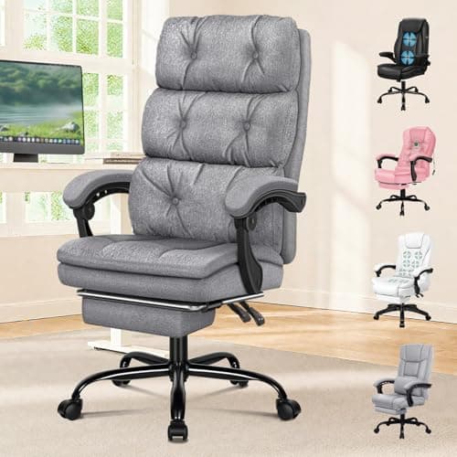 Image of ELFORDSON Office Chair with Dual Paddings, Computer Executive Desk Chair with Footrest Armrests, High Back 150° Recliner Tilting 360° Swivel, Fabric Linen, Grey