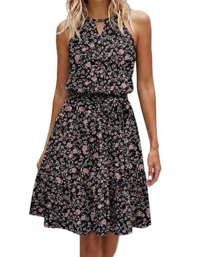 Image of Zeagoo Women's Dresses Ladies Summer Dresses Keyhole V Neck Sun Dresses Floral Dress Beach Dress with Pockets Black Orange Blossoms L