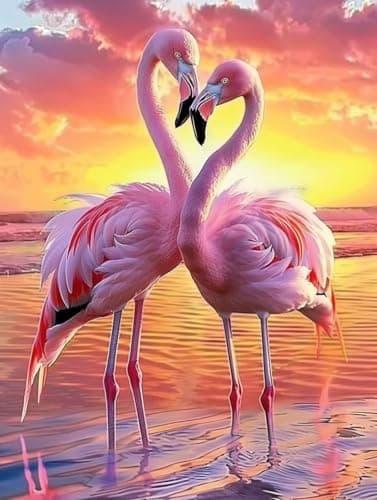 Image of Sunset Diamond Art Kits Adults, Square Full Drill Diamond Painting Flamingos for Beginners, DIY 5d Dimond Art, Crystal Creations Crafts, Embroidery Canvas Painting for Home Wall Decor 10x15cm LH-913