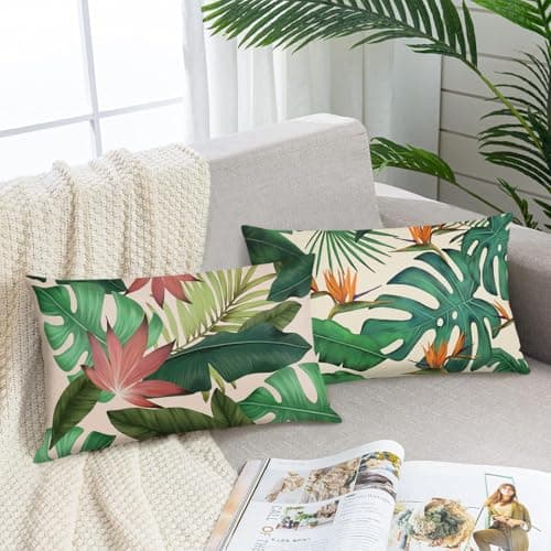 Image of Bonhause Tropical Leaves Cushion Covers 30 x 50 cm Green Leaf Plant Decorative Throw Pillow Covers for Sofa Couch Bed Patio Garden Outdoor Decor Set of 2