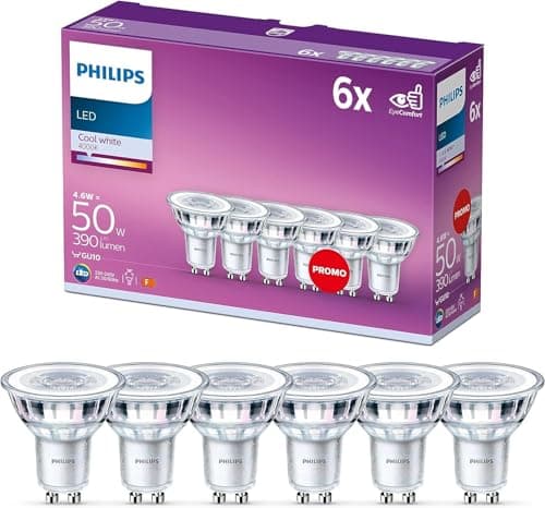 Image of Philips LED Classic 6 Pack [GU10 Spot] 4.6W - 50W Equivalent, 220 - 240V, Cool White 4000K (Non-Dimmable)
