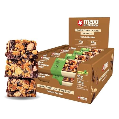 Image of MaxiNutrition Protein Nut Bar - High Fibre Snack - Low in Sugar - 10g Protein - Dark Chocolate Peanut, Under 230 kcal per Serving, 12 x 46g