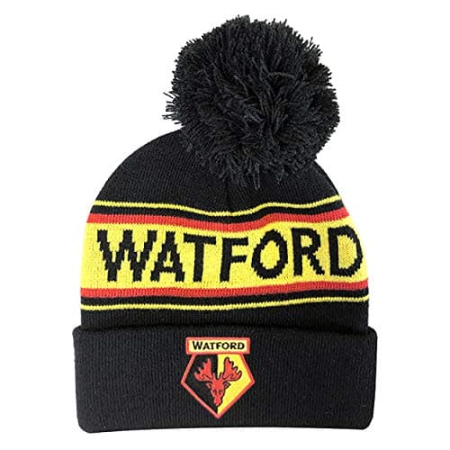 Image of Watford FC Adults Unisex Text Cuff Knitted Beanie (One Size) (Black/Yellow/Red)