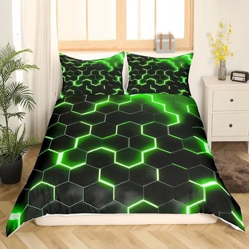 Image of Tabeskly Boy Hexagon geometry Bedding Duvet Covers Set Double, Kids Graffiti Soft Zipper Childrens Full Bed 3 Piece Quilt Covers and Pillowcases Black Green 200×200cm