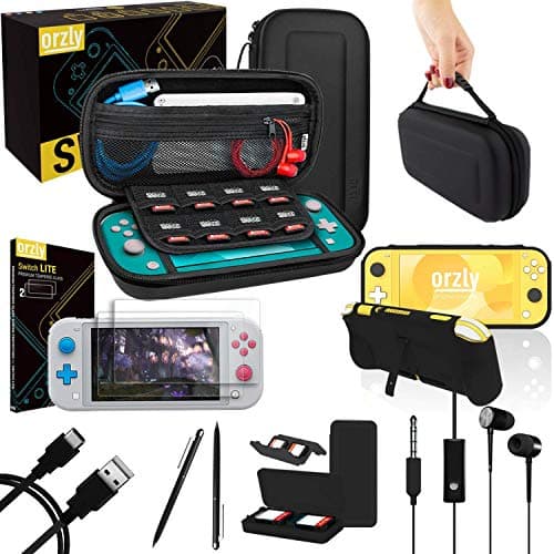 Image of Orzly Switch Lite Accessories Bundle - Case & Screen Protector for Nintendo Switch Lite Console, USB Cable, Games Holder, Comfort Grip Case, Headphones, Thumb-Grip Pack & More