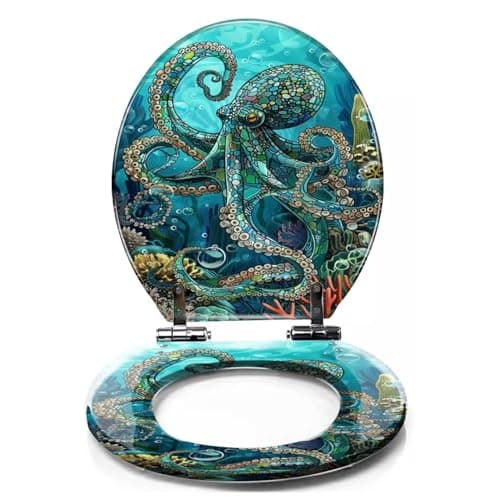 Image of DERUINVAIO Colored Toilet Seat with Slow Close, Teal Blue Ocean Octopus Coral Reefs Resin Toilet Seats, Easy to Install, Easy to Clean Heavy Duty Deluxe Toilet Seat