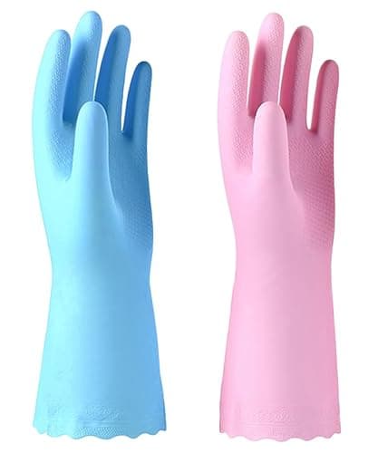 Image of Alimat PluS 2 Pack Reusable Cleaning Gloves Latex Free, Dishwashing Gloves with Cotton Flock Liner and Embossed Palm, Waterproof Household Gloves for Laundry, Gardening (Medium)