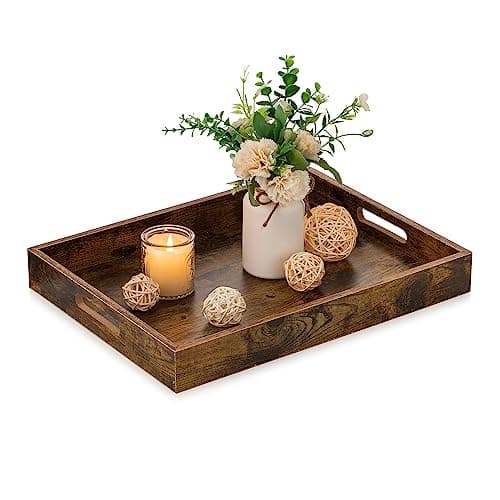 Image of Hanobe Rectangular Decorative Wooden Tray: Rustic Brown Rectangle Trays Decor with Cutout Handles for Coffee Table Ottoman Living Room Kitchen Home Decor
