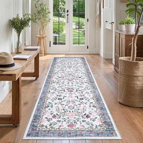 Image of CAROMIO Hallway Runner Rug 60x180 cm, Floral Bedside Rugs Bedroom, Washable Farmhouse Carpet for Living Room, Low Pile Foldable Floor Mat for Kitchen, Blue