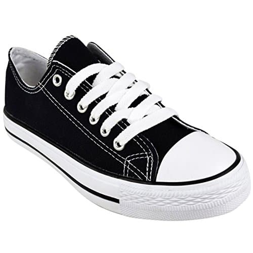 Image of SHOPONLINE 192 Women's Canvas Lace-Up Plimsoll Flat Gym Sports Trainers Lightweight Shoes (5UK, Black)