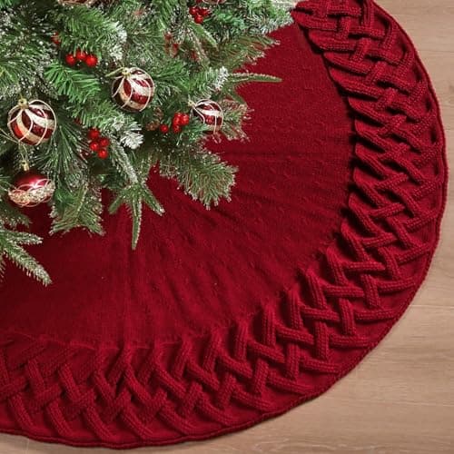 Image of Dremisland 48 Inch Knitted Christmas Tree Skirt Red Luxury Chunky Thick Knit Xmas Tree Skirt Rustic Christmas Tree Mat Base Tree Mat Base Cover Farmhouse Indoor Holiday Party Christmas Tree Decoration