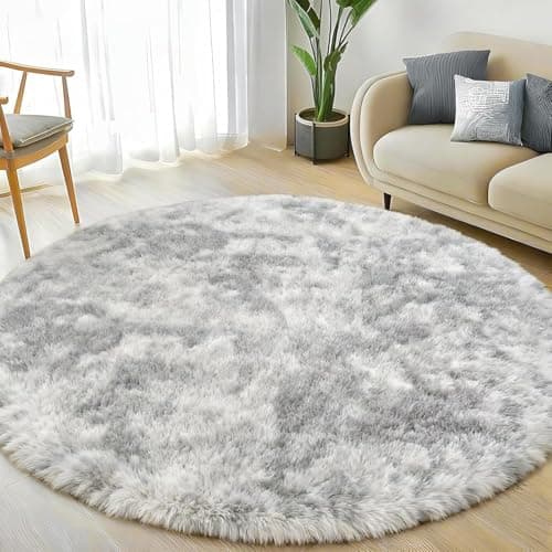 Image of Homcomodar Round Rugs Living Room 160cm Fluffy Rugs for Bedrooms Non Slip Circle Rug Soft Thick Rug for Living Room Bedroom Kids Room Kids Nursery Indoor Floor(Grey )