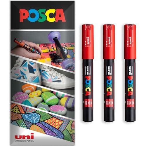 Image of Posca Water Based Acrylic Paint Marker Pens | Multi Surface Use Permanent Paint Pen | Pack of 3 Pens in Envelope Gift Packaging | Glass, Fabric, Canvas, Wood etc | PC-1M, Red