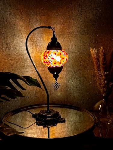Image of Lightza Handmade Turkish Moroccan Mosaic Desk Lamp LED Bulb | Swan Neck Unique Globe Lampshade Table Light | UK Tested Safe Energy Efficient (Red Flower)