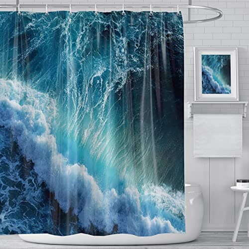 Image of Shower Curtain Blue Mould Proof Resistant Waterproof 3D Ocean Waves Bathroom Curtains with 12 hooks Quick-Drying Weighted 180x180cm (71x71Inch) Polyester Shower Curtains for Bathroom Wet Room Tub