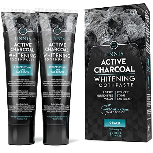 Image of UNNIS Activated Carbon Toothpaste with Fluoride (1450 ppm), Natural Teeth Whitening, Deep Cleaning & Plaque Protection, Vegan & Gluten Free, Charcoal Teeth Whitening Toothpaste, 100 g (Pack of 2)
