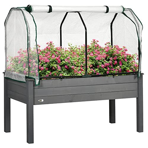 Image of Outsunny Raised Garden Bed with PE Greenhouse Cover, Outdoor Elevated Wood Planter Box for Herbs and Vegetables, Use for Patio, Garden, Balcony, 121 x 55 x 117cm, Dark Grey