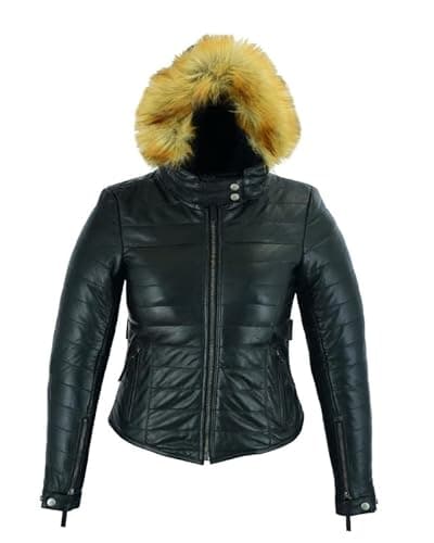 Image of Jet Ladies Black Leather Motorbike Motorcycle Jacket Soft Premium Leather Removable Protectors Faux Fur Hood Stylish Fashion & Biker Jacket ARNIKA (Black, S)