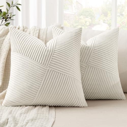 Image of MIULEE Decorative Cushion Covers 45 x 45 cm Cream White Corduroy Patchwork Design Striped Boho Pillow Cases Square Pillowcases Throw Pillow Covers for Sofa Living Room Bedroom, Set of 2