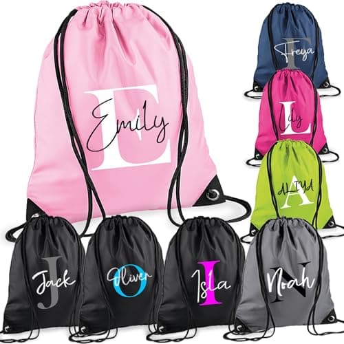 Image of Printing Planet Personalised Drawstring Bag with Name & Initial | Kids PE Kit Gym Swim Bag | Custom School Sports Bag for Boys & Girls | Waterproof Fabric Lightweight Gymsac (11L)