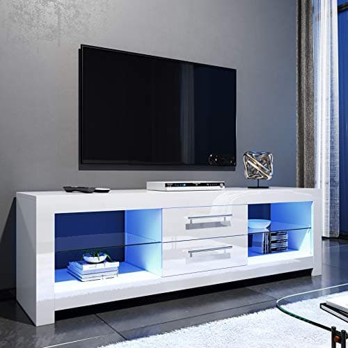 Image of ELEGANT 1600mm LED TV Cabinet Modern White Gloss TV Stand with Ambient Lights for Living Room and Bedroom with Storage Furniture for 32 40 43 50 55 60 65 inch 4k TV