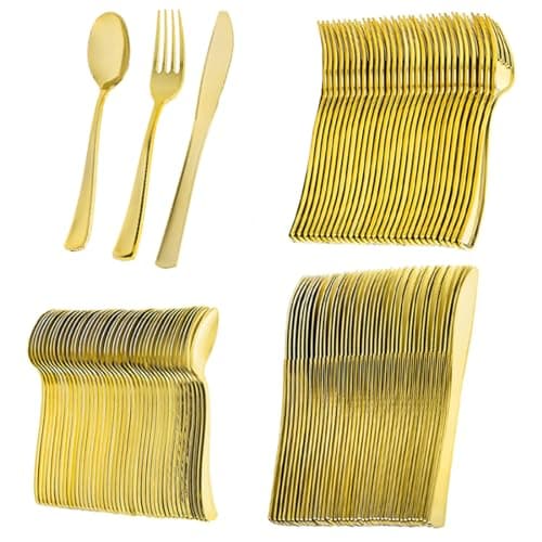 Image of GJIE 150 Elegant Gold Plastic Cutlery Set - 50 Knives, 50 Forks, and 50 Spoons - Hand Washable and Reusable Heavy Duty Tableware for Weddings Birthday Party and Events (150 Pcs)