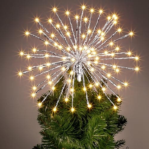Image of Glooglitter Starburst Fairy Light 40 Pcs Bendable Mental Wire with 120 LED Firework Beads Winkle Warm White Lights with Hook Hanging for Garden Christmas Tree DIY Decor for Yard Patio Path, Silver