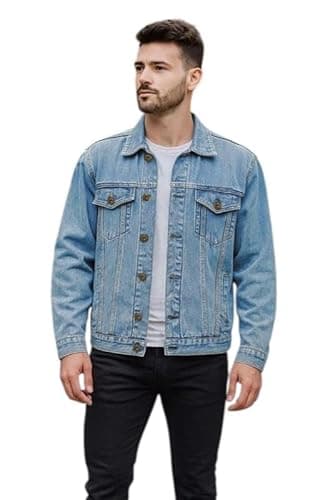 Image of True Face Mens Denim Jacket Long Sleeve Casual Wear Loose Fit Outerwear Lightweight Outdoor Top Light Wash XXL
