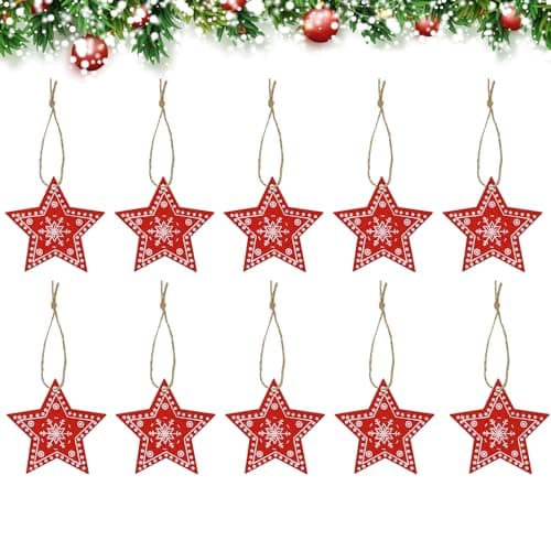Image of CHEERYMAGIC Wooden Christmas Tree Decoration, Wood Slice Ornaments, Red Star with Rope for Tree Wall Decoration Party Accessories