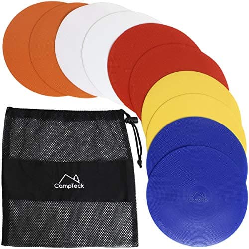 Image of CampTeck U6934 - Round Flat Disc Markers Cones Flexible Sport Spot Markers - (pack of 10) with Black Mesh Bag - Disc Colours: Orange, Blue, Red, White, Yellow