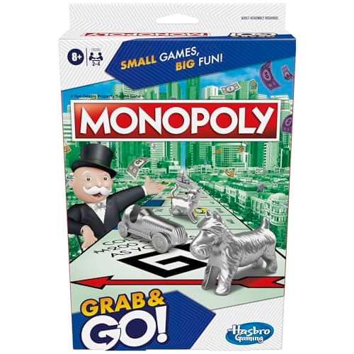 Image of Hasbro Gaming Monopoly Grab and Go, Portable Strategy Board Game for 8+ Year Old Kids, for 2-4 Players, Family & Party Games