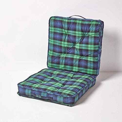 Image of HOMESCAPES Green and Blue Tartan Travel Booster Cushion Large Firm 50 cm Square Seat Pad and Backrest Thick Soft Cotton Supportive Car Cushion For The Elderly, Post-Operative and Lumbar Support