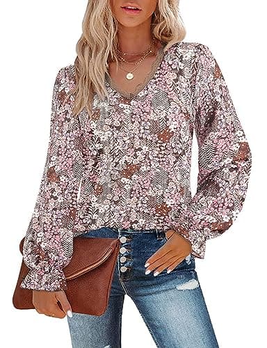 Image of Flikity Women's Tops and Blouses, Lace V Neck Long Sleeve Tops Women Puff Sleeve Blouses Ladies Top Size 20-22 Plus Size Clothing for Women Going Out Party Top Khaki XXL