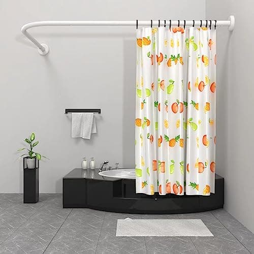 Image of Misounda Shower Curtain Rail Rod L Shape, Adjustable Shower Curtain Pole 120-120 cm, Stainless Steel Curved Shower Rail, White Shower Pole with Stainless Rings for Bathroom Locker Room,Need Drilling