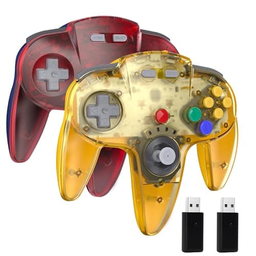 Image of miadore 2 Pack Wireless N64 Pro Controller For Switch 1 2/Switch Online/OLED/Lite, 2.4GHz USB Joystick Gaming Controllers for Windows PC, MAC, Raspberry Pi (Clear Yellow+Clear Red)
