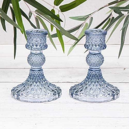 Image of 2 x Vintage Blue Glass Harlequin Dinner Candle Candlestick Holders