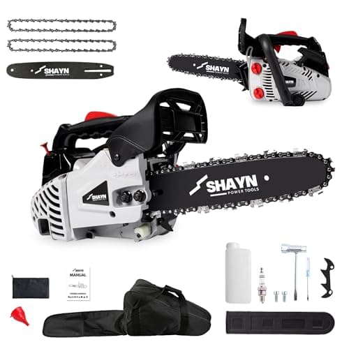 Image of SHAYN 26cc Petrol Chainsaw - 2-Stroke Top Handle Chain Saw with 10" Bar, 2 Spare Chain, Anti-Vibration, Low-Noise, Auto Oiler, Toolkit & Carry Bag- Lightweight Garden Saw with 3-Year Warranty (Grey)