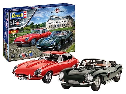 Image of Revell Gift Set 05667 Jaguar 100th Anniversary - E-Type & XK-SS 1:24 Scale Unbuilt Plastic Model Kits with Contacta Professional Glue, Paintbrush & Selected Aqua Color Paints