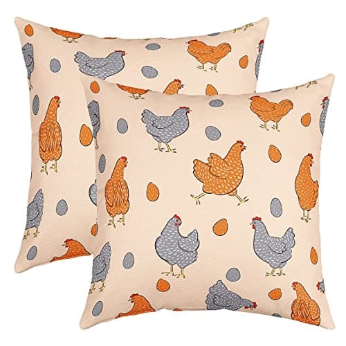 Image of Homewish Cute Chicken Throw Cushion Covers, 45 x 45 cm, Set of 2, Farm Chicken Cushion Covers for Children, Vintage, Farmhouse Cushion Covers, Rustic Beautiful Animal Square Cushion Covers for Couch