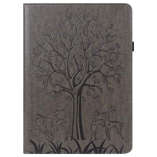 Image of DayQiQiPu Protective Cover for Lenovo Tab K10 TB-X6C6 (10.3 Inch) Deer under a Tree Pattern Embossed Flip Wallet Protective Sleeve With Stand Tablet Case, Grey