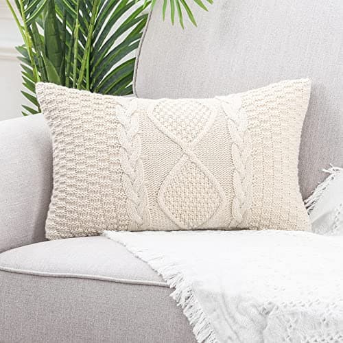 Image of Mandioo Cotton Knitted Beige Cushion Covers 30cm x 50cm 12x20 Inch Decorative Rectangle Soft Cozy Outdoor Throw Pillow Cases Luxury Modern Pillowcases for Couch Sofa Bed Livingroom