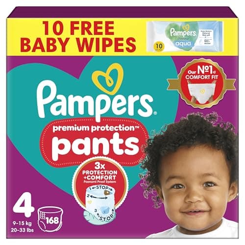Image of Pampers Premium Protection Nappy Pants Size 4, 168 Nappies, 9kg-15kg, Monthly Pack + Pampers Harmonie Aqua Baby Wipes 1 pack of 10 Wipes