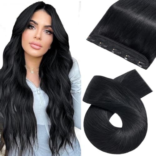 Image of Silk-co 12in One Piece Real Remy Hair Extensions Clip in #01 Jet Black 3/4 Full Head Clip on Human Hair Extension 100% Remy Silky Soft Straight 40g