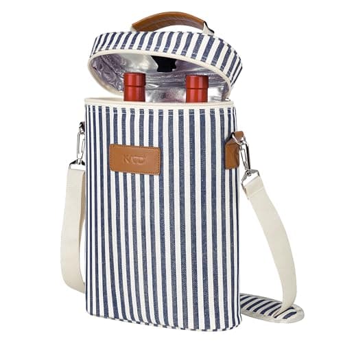 Image of Kato Tirrinia Insulated Wine Cooler Bag, 2 Bottle Padded Wine Tote Carrier for Picnic, Beach, Camping, Wine Lover Gift, Stripe
