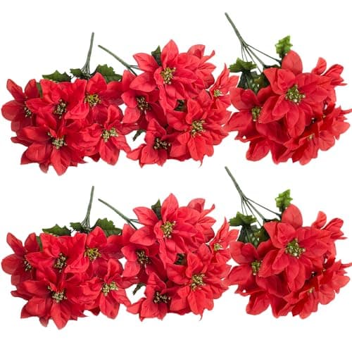 Image of RTWAY Artificial Poinsettia Bushes, 4 Pack 7 Heads Silk Fabric Christmas Red Poinsettia Bushes, Artificial Poinsettia Bouquet Fake Poinsettias Flowers for Xmas, 35cm/13.8in