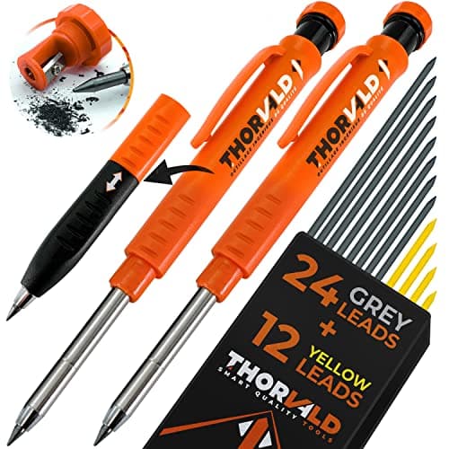 Image of THORVALD 2 Pro Extensible Carpenters Pencil [+ 38 Leads + Lead Sharpener + Easy-Write Grip] For Carpenter Handyman DIY for Drawing Writing Tracing on Wood Metal Concrete Tile