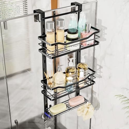 Image of SWTYMIKI Over Door Shower Caddy - 3 Tier Adjustable Shower Caddy Hanging with Hooks and Soap Holder, No Drilling Rustproof Bathroom Shower Organiser Hanging Caddy for Body Wash, Shampoo, Soap, Razor