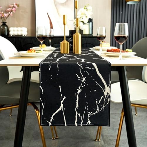 Image of Jayusaror Table Runner Black and White Modern Dining Table Centrepiece Marble Textured Abstract Art Washable Farmhouse Small Table Runner for Coffee Dining Dresser End Table Bedroom 33 x 183 cm